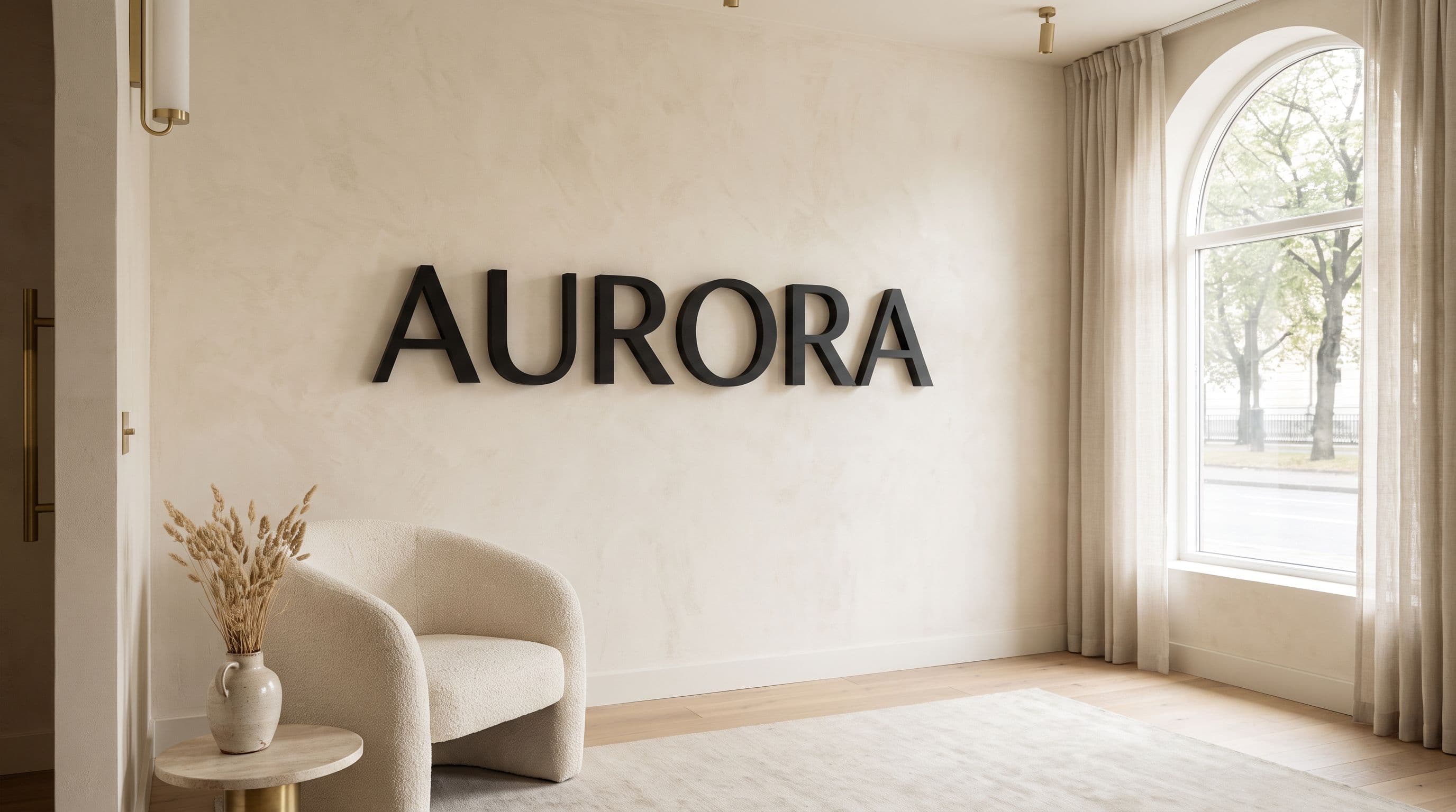Salon reception with the raised lettering AURORA on the wall, in black.