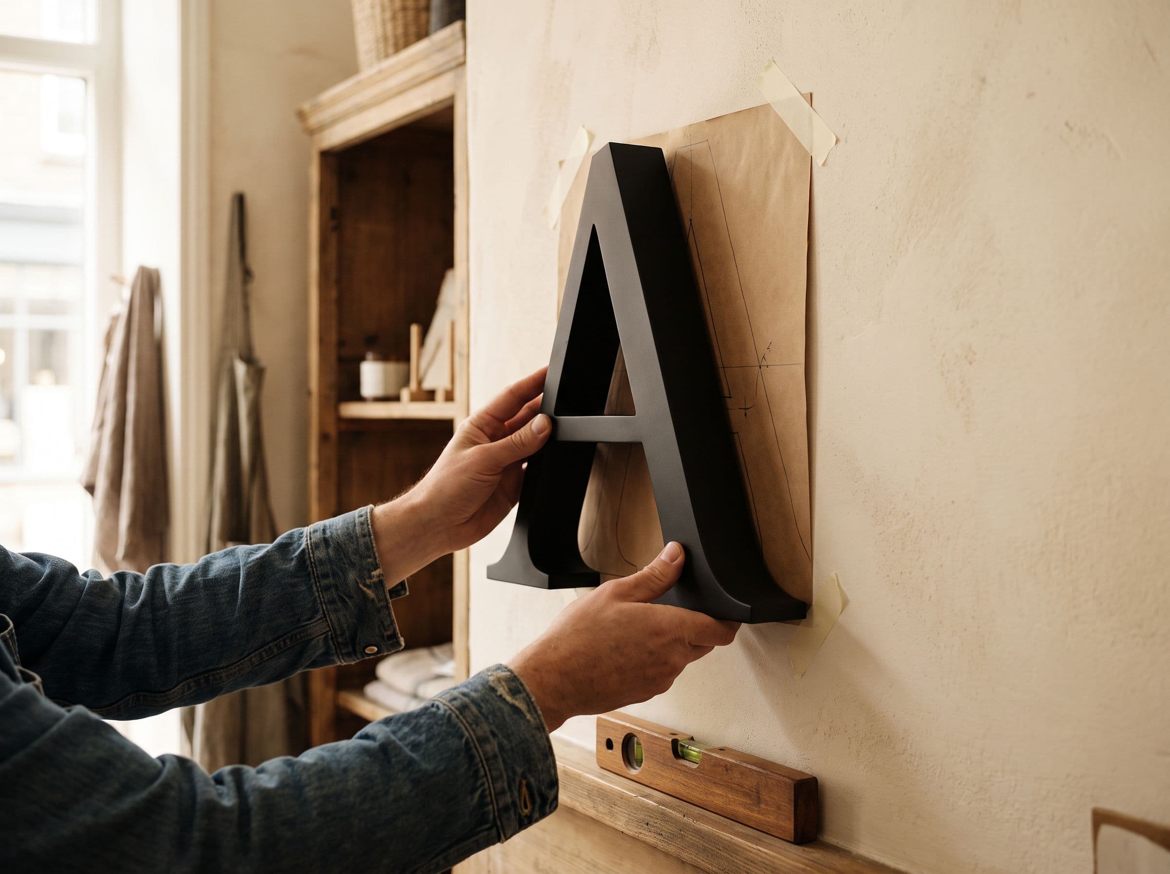 Hands positioning a black letter on the wall, over the alignment template.