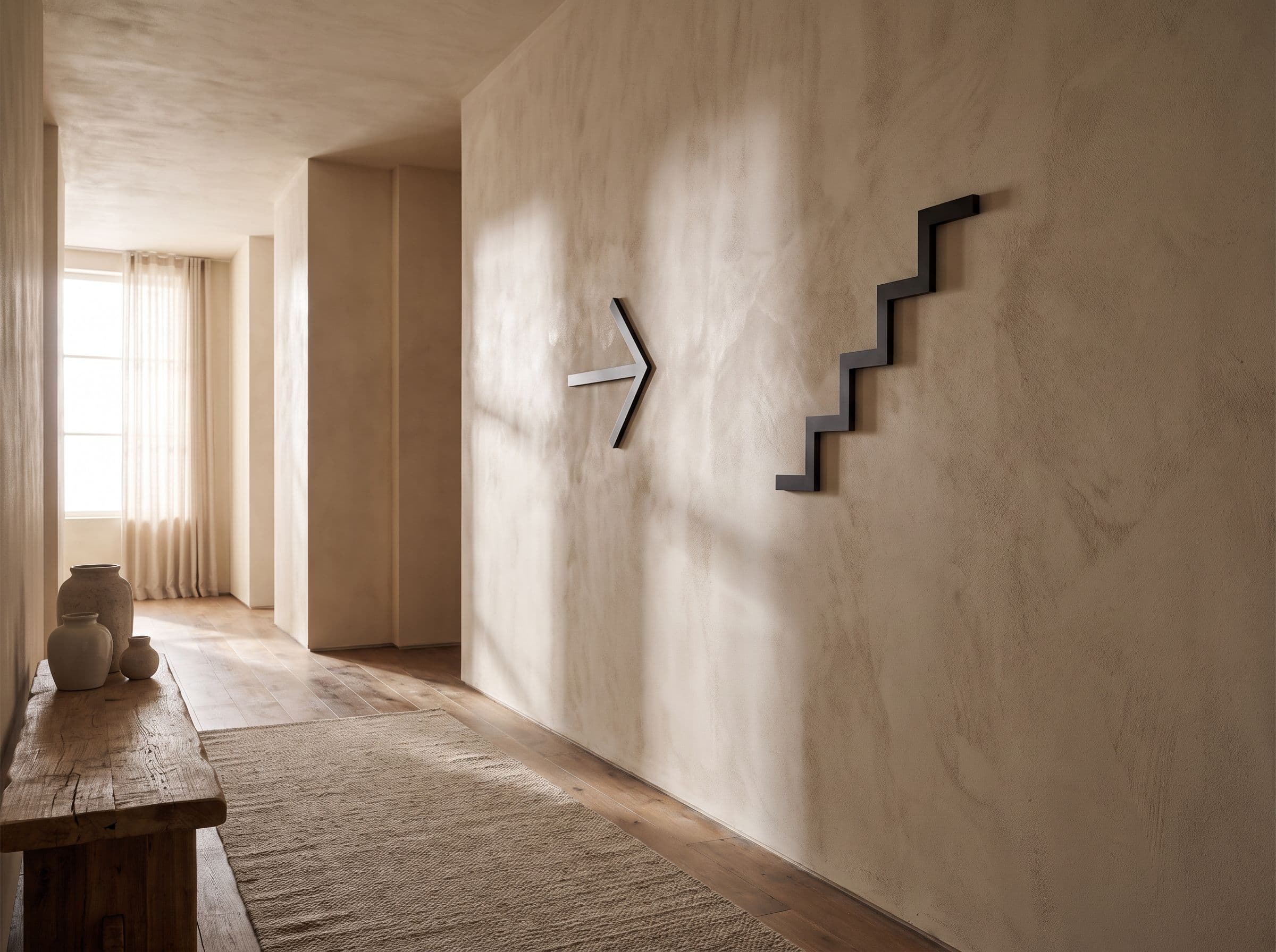Raised signage, black, in a corridor: arrow and stairs.