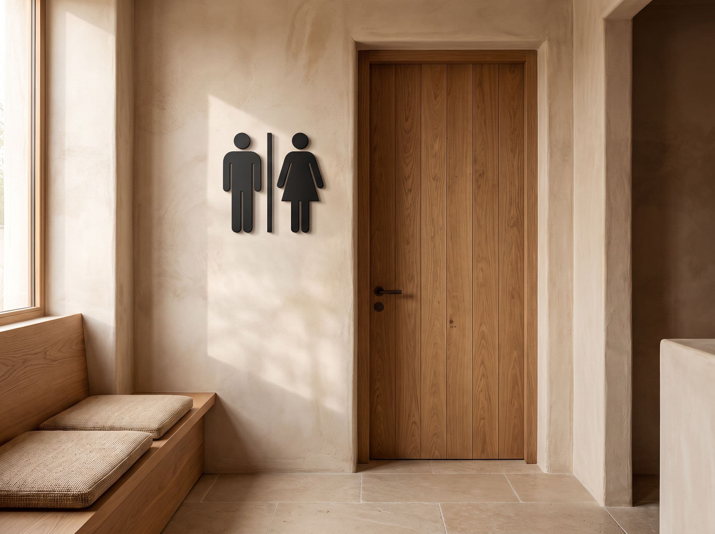Raised toilet pictogram, black, on the wall next to a door.